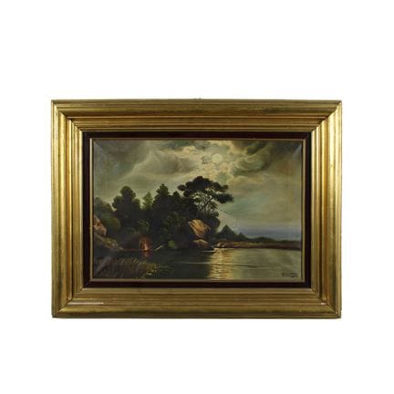 布面油画，描绘湖畔风景及人物，署名A. Terrazzino，配以镀金木框，意大利20世纪初，画作尺