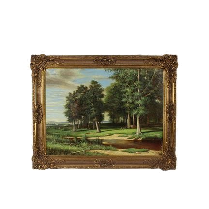 布面油画，描绘田园风光，配木框及镀金画板，署名P.Flans，20世纪90年代初，画作尺寸：高92厘