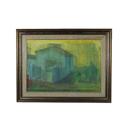 F. ORLANDO 油画，描绘了一幅朦胧的风景，画面中的房屋被镶在镀金木框内，意大利，20世纪，画