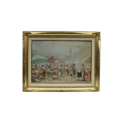 油画：描绘城镇市场的油画，右下方有 G. Confalonieri 的签名，镶嵌在镀金木框中，20 