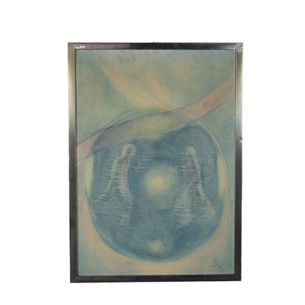 混合媒介画作，描绘了一幅梦境场景，画中人物由伊格纳斯署名，装裱于金属画框内，意大利，20世纪后半叶，