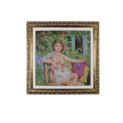 文森佐-布西奇奥（VINCENZO BUSCICCHIO）布面油画《花园中的甜蜜阳光》，背面有签名和