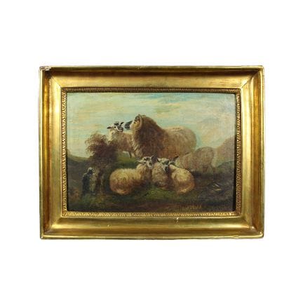 布面油画，描绘了牧群环绕的风景，装裱于带金色斑纹的藤条画框中，19世纪意大利画派，画作尺寸：高31厘