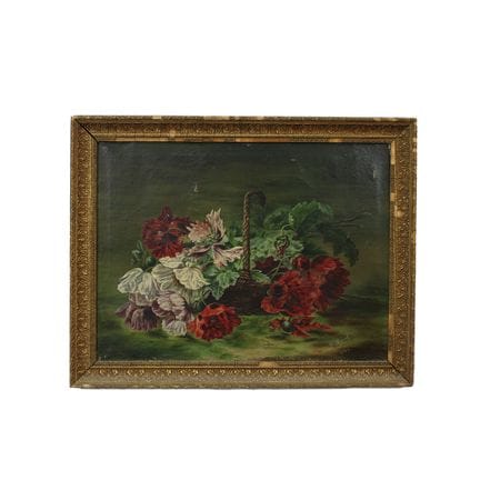 布面油画，描绘一篮鲜花，画内签名模糊，配木框及镀金饰板，画框有岁月痕迹及缺损，法国，1900年，画高
