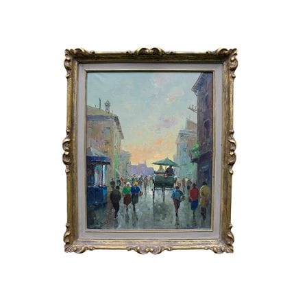 布面油画，描绘城市街道及人物，左下角署名“A. Ricci”，装裱于镀金木框内，意大利20世纪初，画