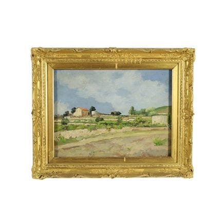 胶合板油画，描绘了带房屋的风景，装裱在镀金木框内，签名模糊，尺寸：高35.5厘米×宽44厘米——画框