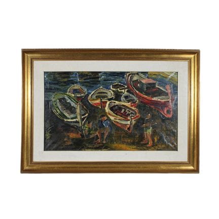 艾耶洛（AIELLO） 油画，描绘了带有船只和人物的海景。画作右下角签名，装裱于镀金木框内。意大利，