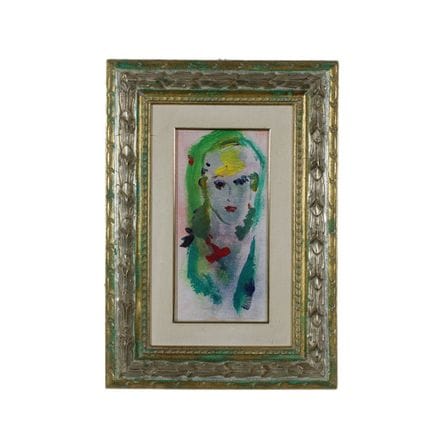 E. TRECCANI 油画，描绘了一张面孔，装裱在镀金并涂成绿色的木框内。附有Telemarket