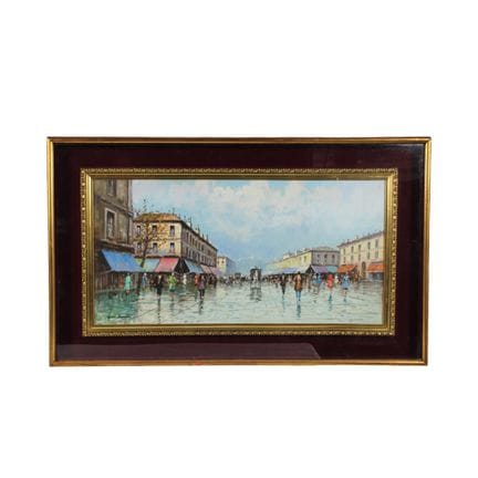 G.BARATTA 帆布油画，描绘城市风景，镀金木框。背面附有作者和出处信息表。意大利 20 世纪 