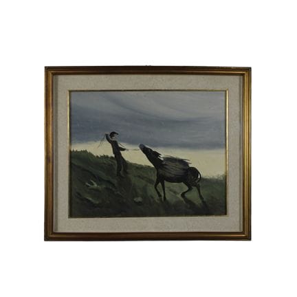 布面油画，描绘一名男孩与小驴的画面，装裱于镀金木框内。意大利，20世纪，画作尺寸：高38厘米×宽48