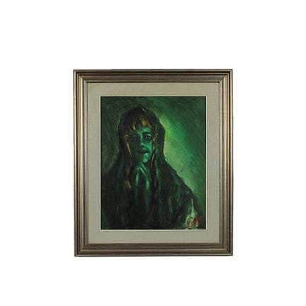G. BUSON 油画，描绘了一位女性，背景为绿色，装裱于镀银木框内。画作右下角及背面均有签名。 意