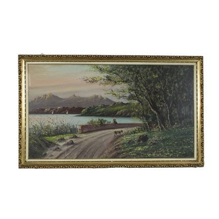 画布油画，描绘了湖光山色与人物。装裱于镀金木框内，署名K. Decaro。意大利，20世纪，画作尺寸