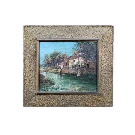 布面油画，描绘了乡村一角（很可能是奥尔蒂贾），署名O.Mancuso 1900，西西里画派，画作尺寸