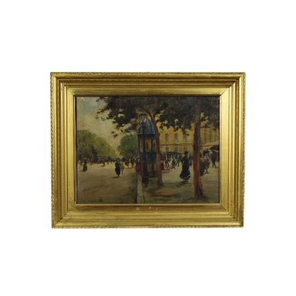 画布油画，描绘巴黎街景，署名A. Simonetti，装裱于镀金木框内，意大利，19/20世纪，画作