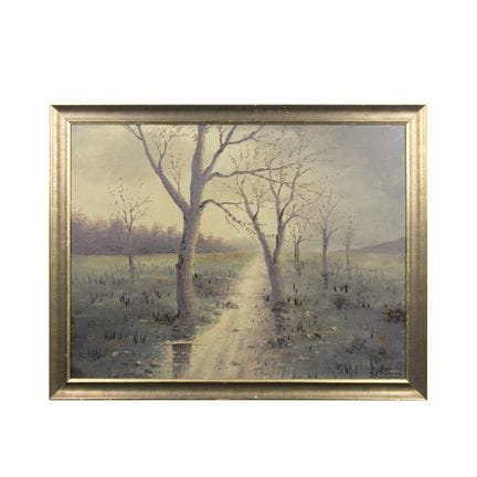 油画  布面油画，描绘乡村道路，署名卡斯塔尼亚（Castagna），西西里岛，900 h，46 x 