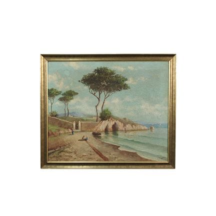E. VITRANO 木板油画，描绘沿海风景及人物，配以镀金木框，意大利，20世纪，画作尺寸：高50