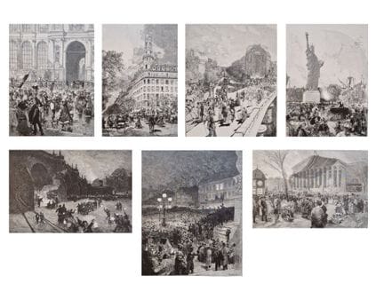 奥古斯特·勒佩尔（1849—1918）（据）
一套7幅描绘巴黎场景的黑白版画：
- 1870年7月宣