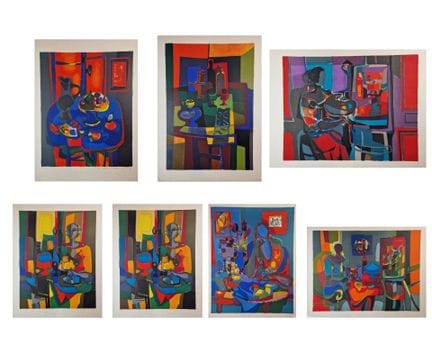 马塞尔·穆利（1918-2008）
7幅印在羊皮纸上的彩色石版画，包括： 
-  无题，[水果盘与水