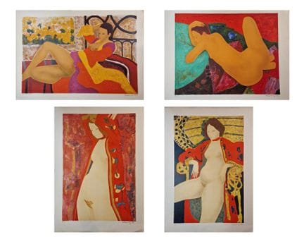 阿兰·邦纳福瓦（生于1937年）
 4幅彩色石版画 
- 无题 [仰卧女性裸体]，右下角签名，左下角