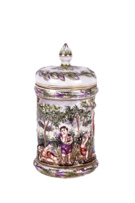Italian Capodimonte porcelain tobacco tin, glazed 