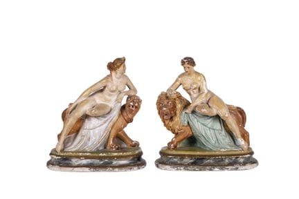 Pair of decorative figures in polychrome plaster. 