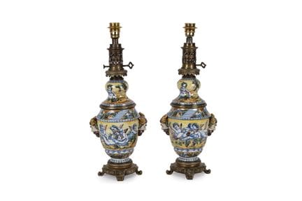 Pair of French Nevers faience table lamps, manufac