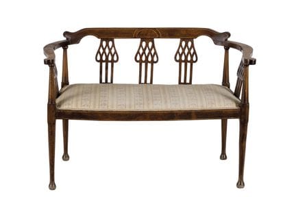Edwardian bench in carved and burl-veneered wood, 