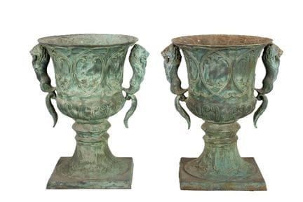 Pair of cast iron amphorae planters, 20th century.