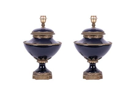 Pair of neoclassical lamps made of cobalt blue gla