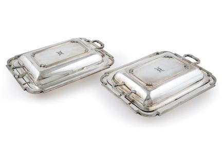 Pair of lidded silver-plated serving platters, Old