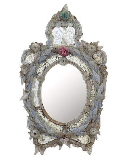 Venetian mirror in blown glass with bluish and opa