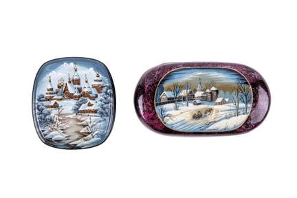 Pair of Russian papier-mâché boxes, enameled and l