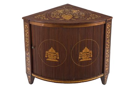 Dutch drum-shaped corner cabinet in carved and ven