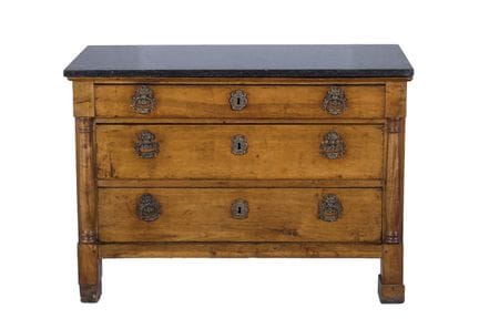 Empire-style commode in carved natural wood. Three