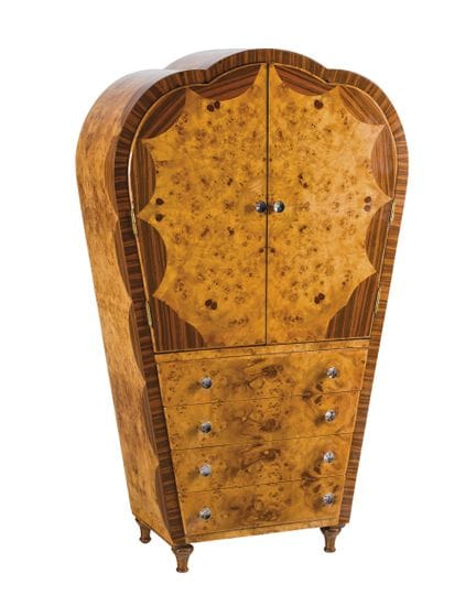 Art Deco style bar cabinet in carved wood, burl ve