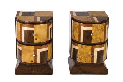 Pair of bedside tables in burl and other fruitwood