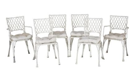 Set of six French garden chairs (two with arms and