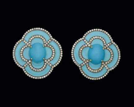 Silberne Rosettenohrringe mit Türkis und Diamanten