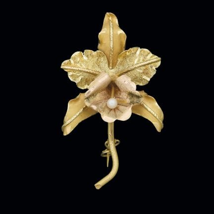 18K yellow and rose gold flower brooch with a cult