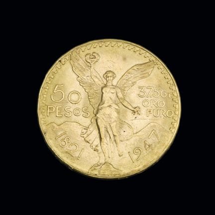 Mexican 50-peso gold coin. Weight: 41.89 gr. .
