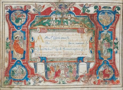 [LYON]. Charte de mariage manuscrite à l'encre ble