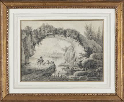 让·皮勒芒（1728-1808）
《河畔渔民风景》
纸本炭笔画
署名并标注1792年
29.5×39