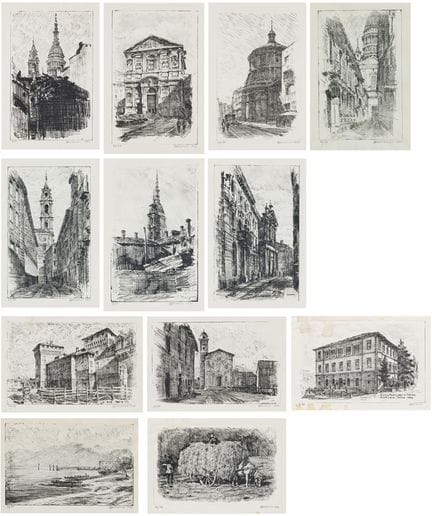 文森佐·费拉里奥（1913—2008）
十二幅城市与乡村风景画，其中包括因特拉人民银行总部
纸本石版