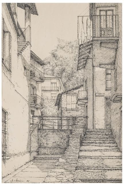 作者不详（20世纪）
《小镇》，1981年
纸本墨水与铅笔
58.4 × 38.8 厘米（画心尺寸）