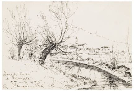 朱塞佩·卡拉梅拉（1896—1989）
《托切河与运河》，1955年
纸本墨水画
14.6 × 21