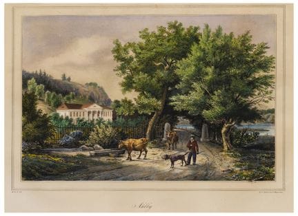 M.G.A.（19世纪）
阿尔比
手工修饰纸上的彩色石版画
26 × 35.2 厘米（内边距）

签