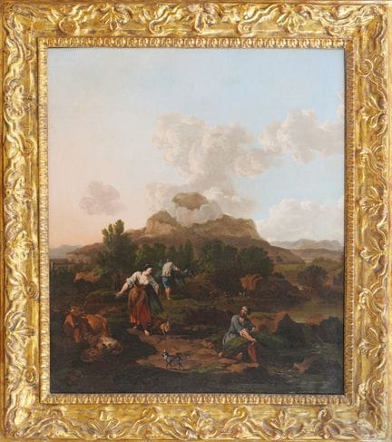 尼古拉斯·贝尔赫姆
（追随者）
《意大利乡村风景：农夫采芦苇》
布面油画，77.5×66 厘米
这幅