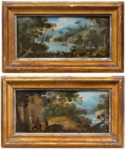 18世纪画家
带有人物的河流风景画
两幅木板油画，10.2×22 厘米