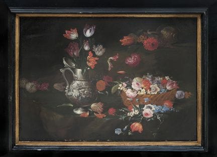 Andrea Belvedere
静物与花篮和银壶
布面油画，82x101 厘米
作品附有古斯塔沃-