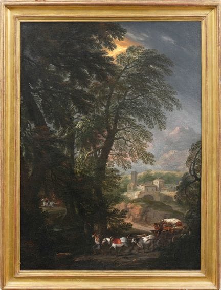 加斯帕德·杜盖
（归因于）
林间风景：牛车、堡垒村落与雷雨
布面油画，136x98 厘米
这幅制作精